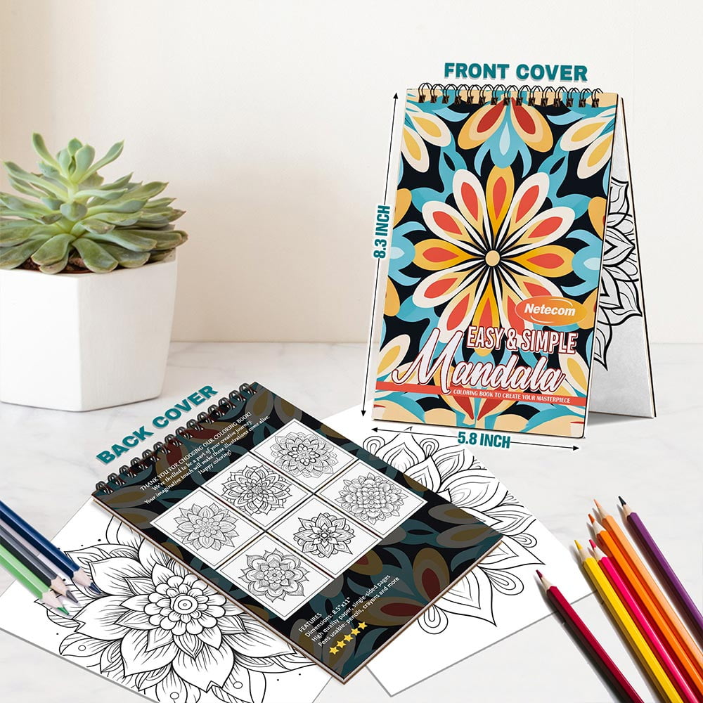 Netecom Easy and Simple Mandala Coloring Book Spiral Bound For Adults, A5 Wooden Cover, 30 Calming Coloring Pages of Minimalist Mandala Designs for Stress Relief and Relaxation