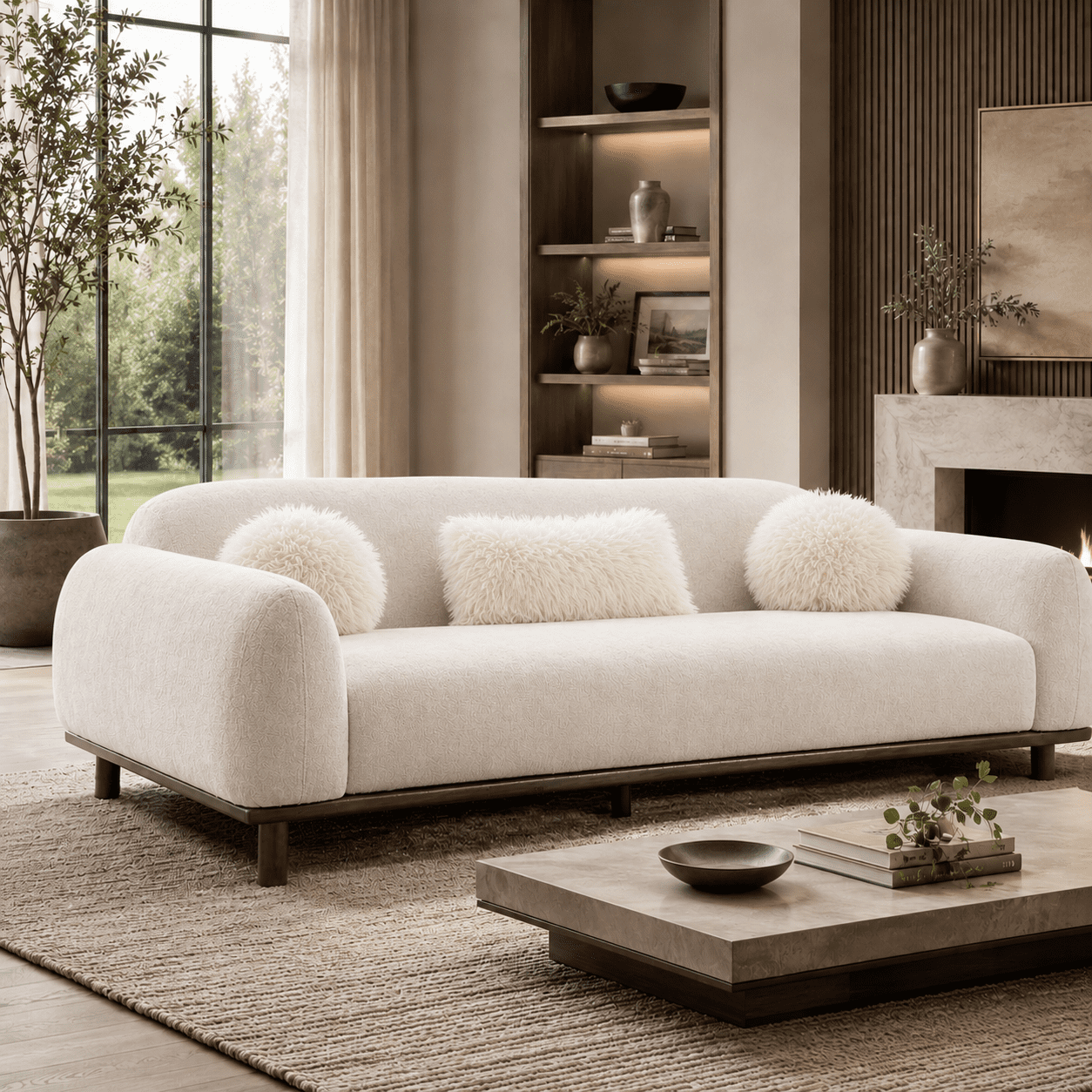 Aenkyo 84 Inch Modern Chenille Sofa, 3-Seater Deep Seat Couch with 3 Pillows, White