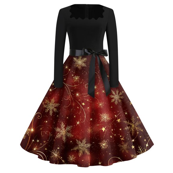 WTOBBY Christmas Print Flare Dress for Women Long Sleeve Square Collar Retro Party Casual Dress with Snowflake and Christmas Tree Pattern Design,Gold S