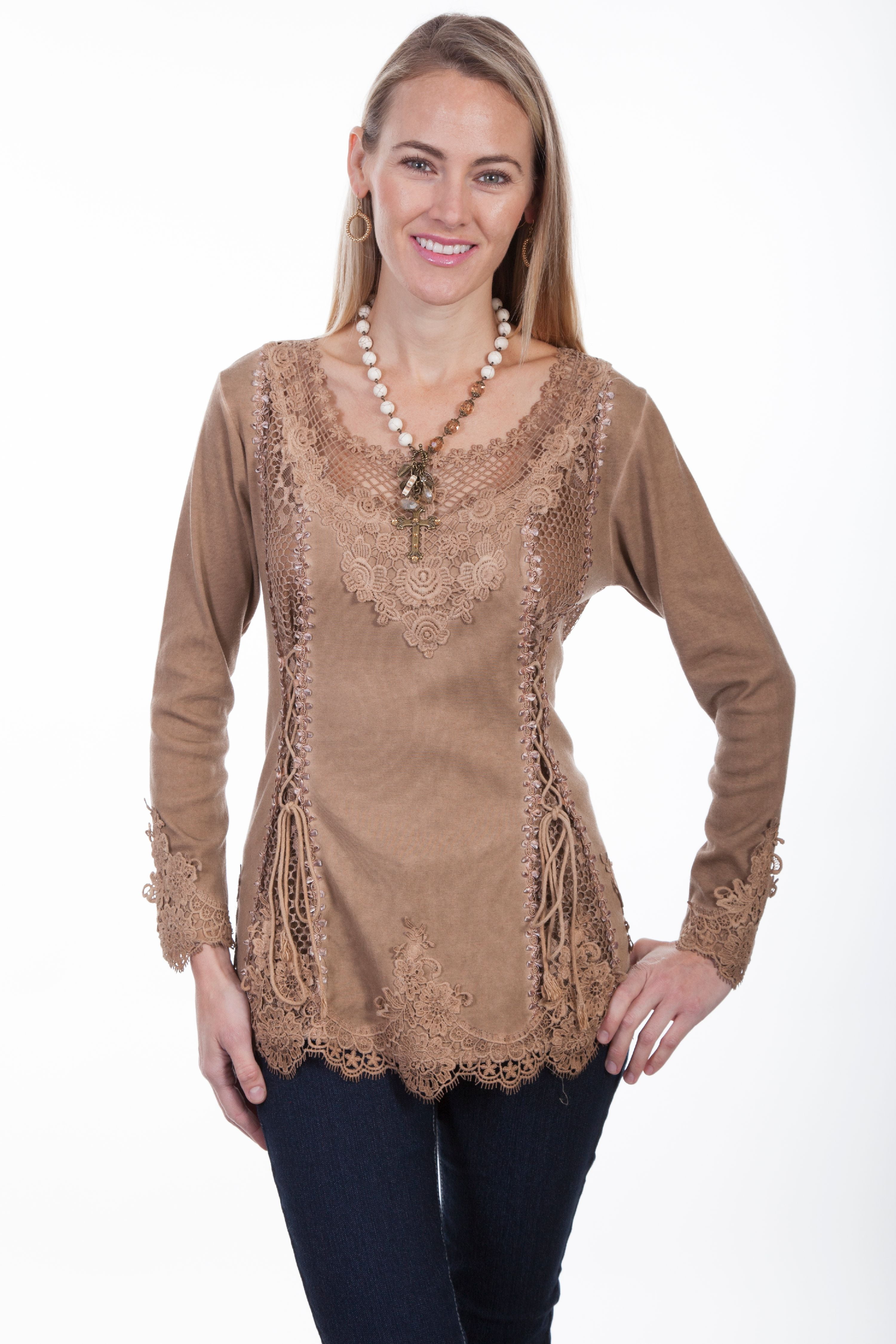 Scully Leather - Scully Western Shirt Womens Scoop Neck Long Sleeve Lace Front HC313 - Walmart 