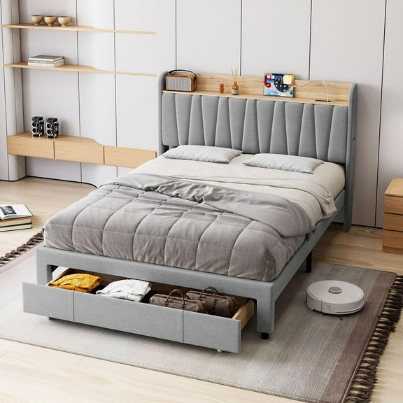 Queen Size Bed Frame with 2 Storage Drawers, Upholstered Platform Bed Frame with Charging Station, Easy Assembly, Gray