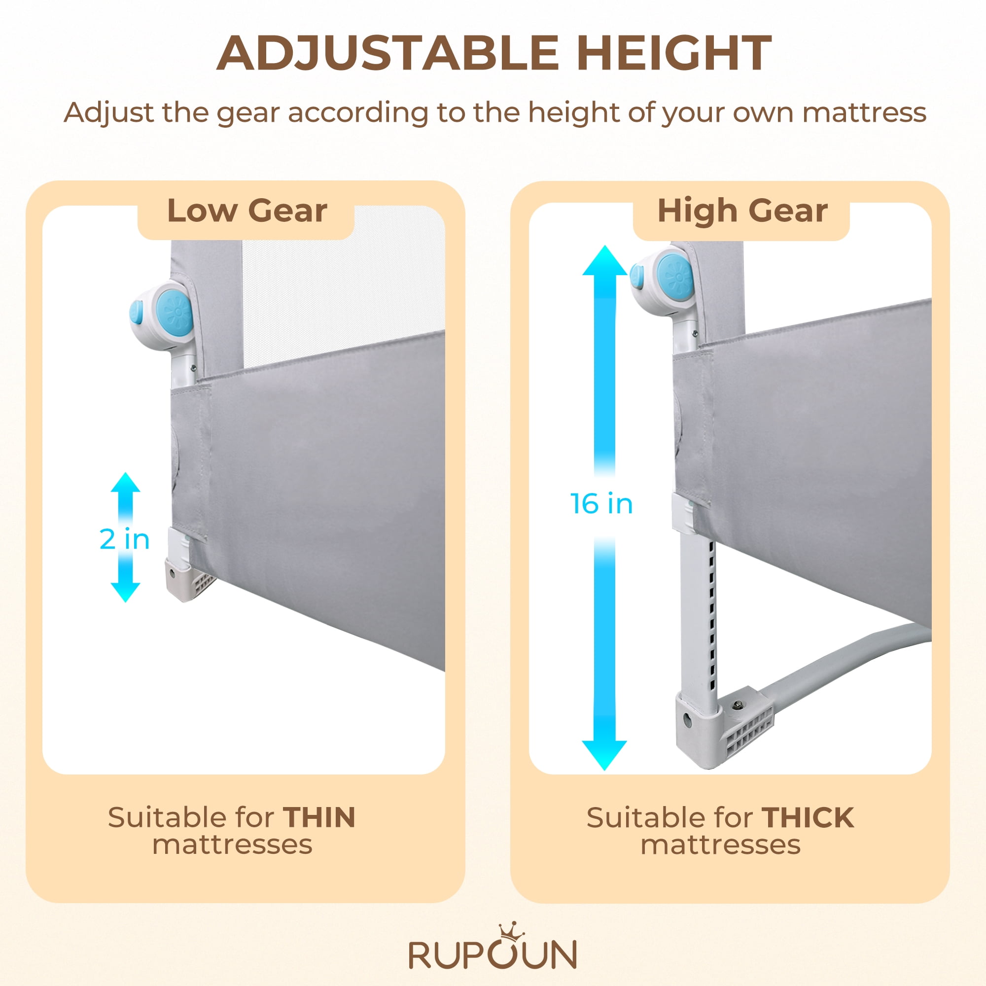 RUPOUN Toddler Bed Rail for Kids, Swing Down Safety Guardrail, Universal Fit for Full, Queen and Adult Mattresses, Easy Installation