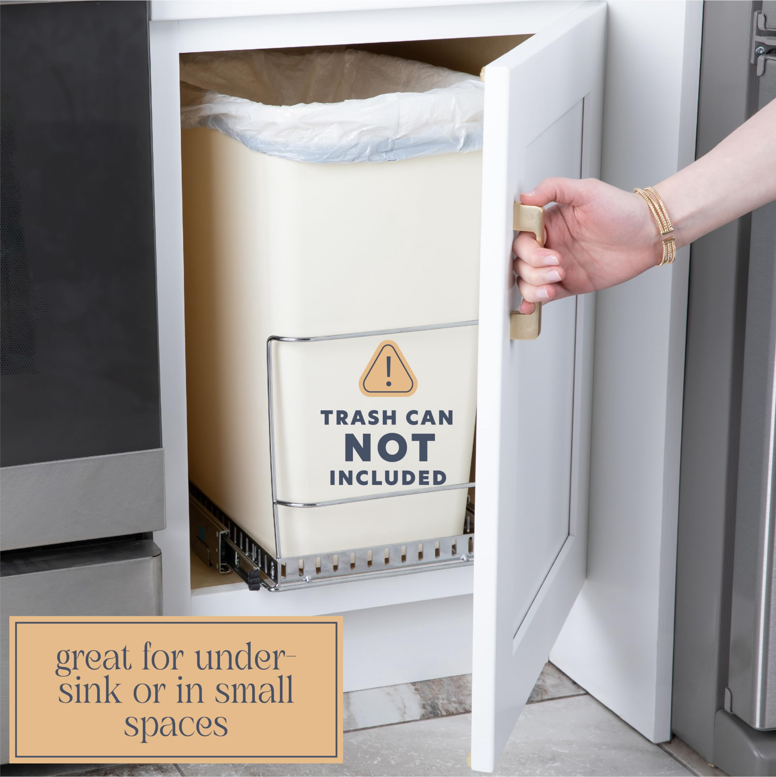 Pull-Out Cabinet Trash Can Organizer, Fits 9 Gal / 35 Qt Bins, Heavy-Duty Chrome Frame, Soft-Close Slide, Adaptable Mounting Options, Fits 12”+ Cabinet Opening, Bin Not Included