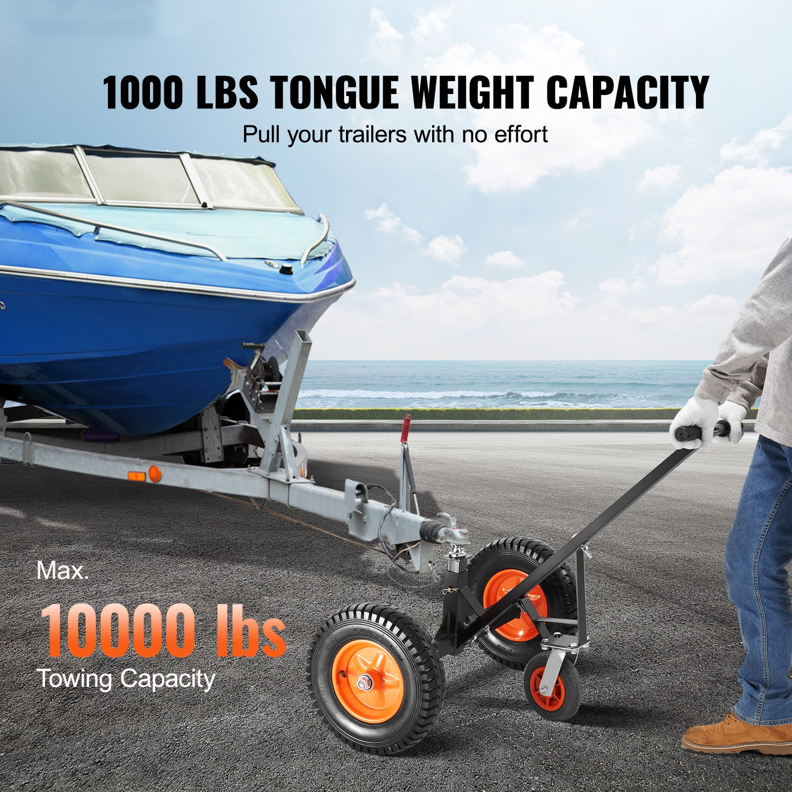 VEVOR Adjustable Trailer Dolly, Dolly for Trailer with 1-7/8'' Hitch Ball & 10'' Solid Tires, 16''-24'' Adjustable Height, 1000lbs Tongue Weight Capacity