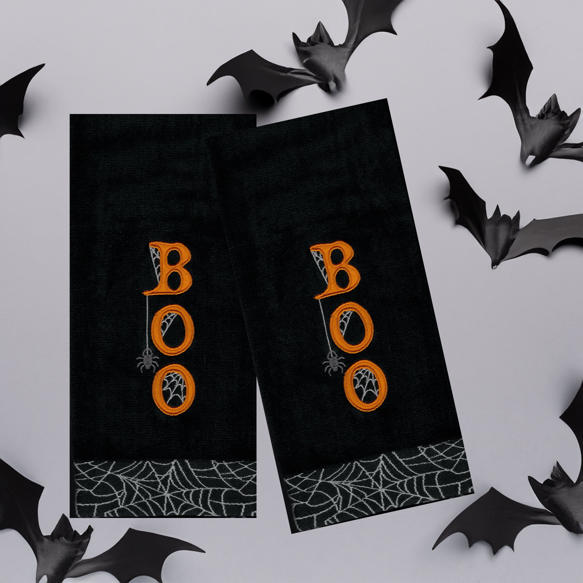 Spooky Boo Halloween Black Bath Hand Towels 2-Piece Celebrate Together