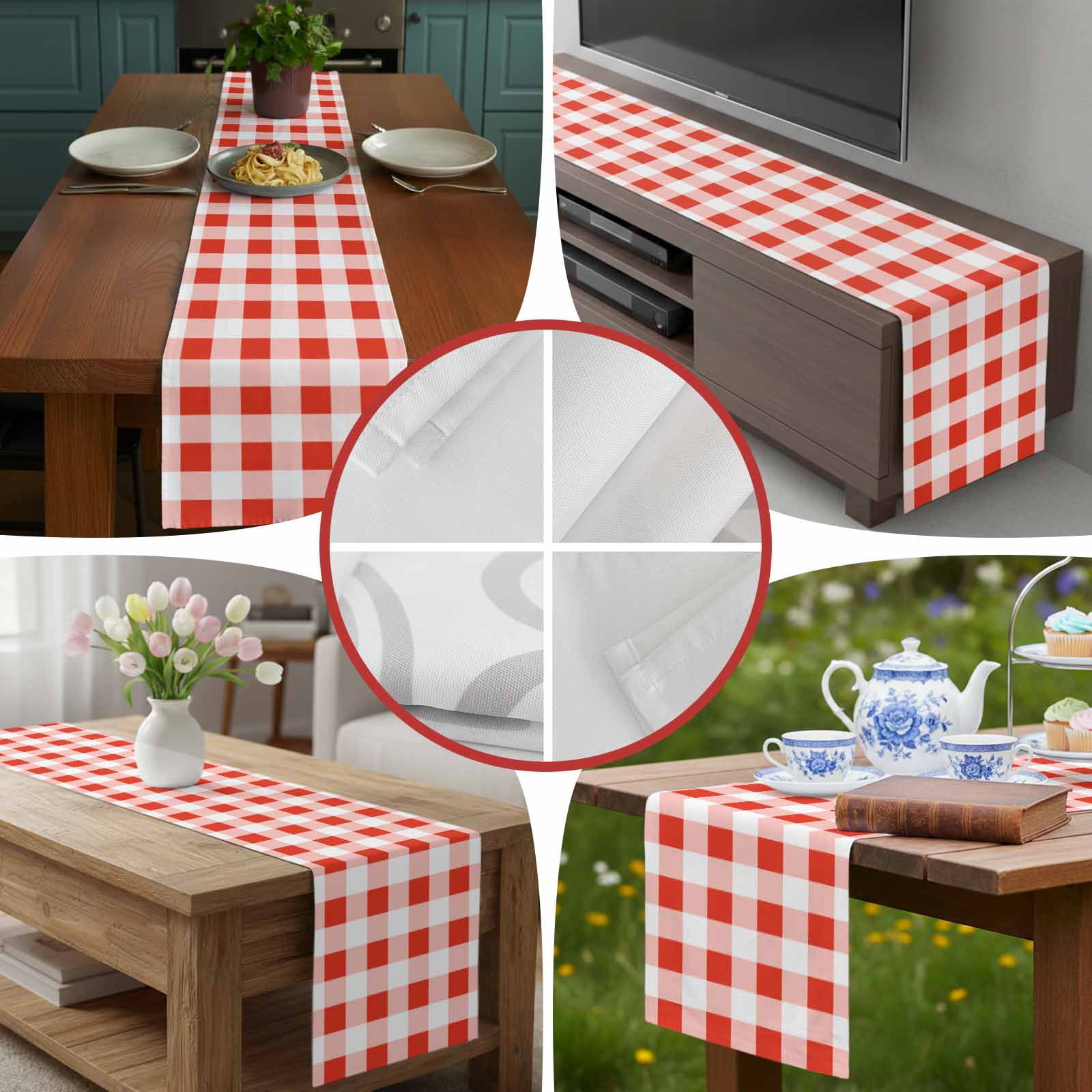 Red Gingham Check Table Runner 90 Inches Long, Gradient Buffalo Plaid Table Runners Tabletop Scarf Kitchen Dining Tables Decoration for Home Party Indoor Outdoor