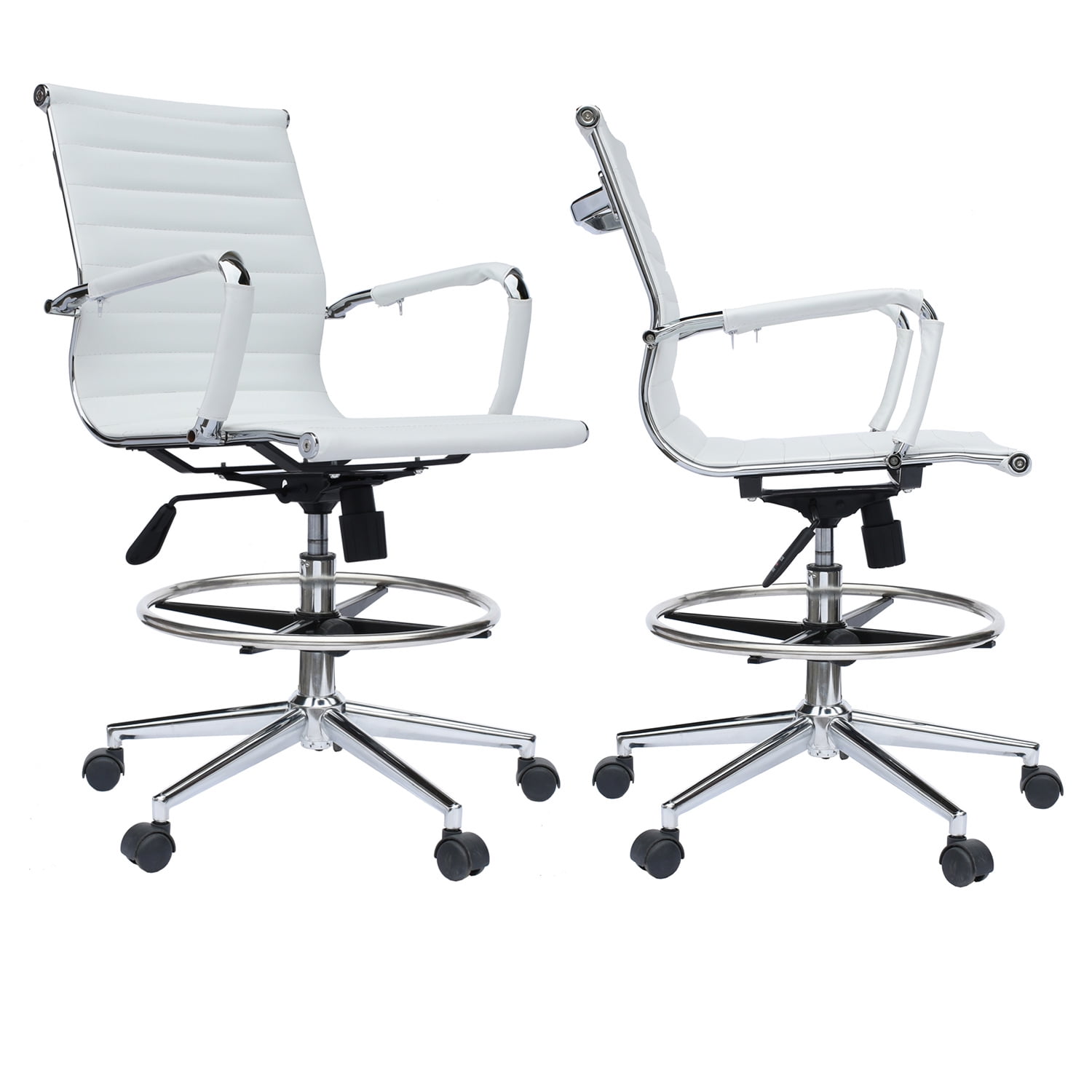 2xhome Set Of 2 Office Chair Ribbed Mid Back With Wheels And Arms For Home Conference Room Tilt Adjustable Height Chrome Swivel