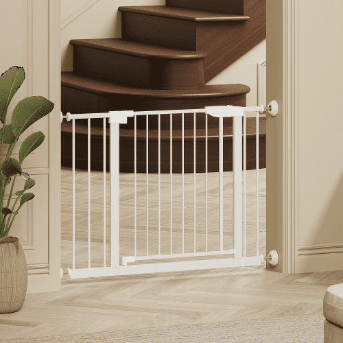 29.5-45.3in Pet Gate, No Drill Walk Through Dog Gate with Wall Protector, Pressure Mounted Steel Barrier for Stairs and Doorways, White