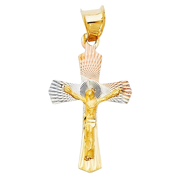 14k Tri-Color Gold Jesus Christ Crucifix Pendant Catholic Christian Faith Charm Jewelry Female