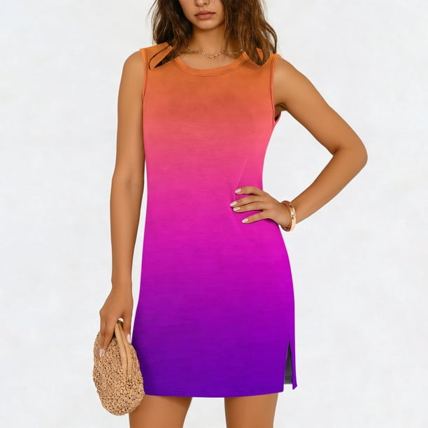 TaTaai Women's Round Neck Sleeveless Slip Dress Solid Color Casual Pullover Dress with Side Slit Lightweight Summer Stretchy Fit Gift