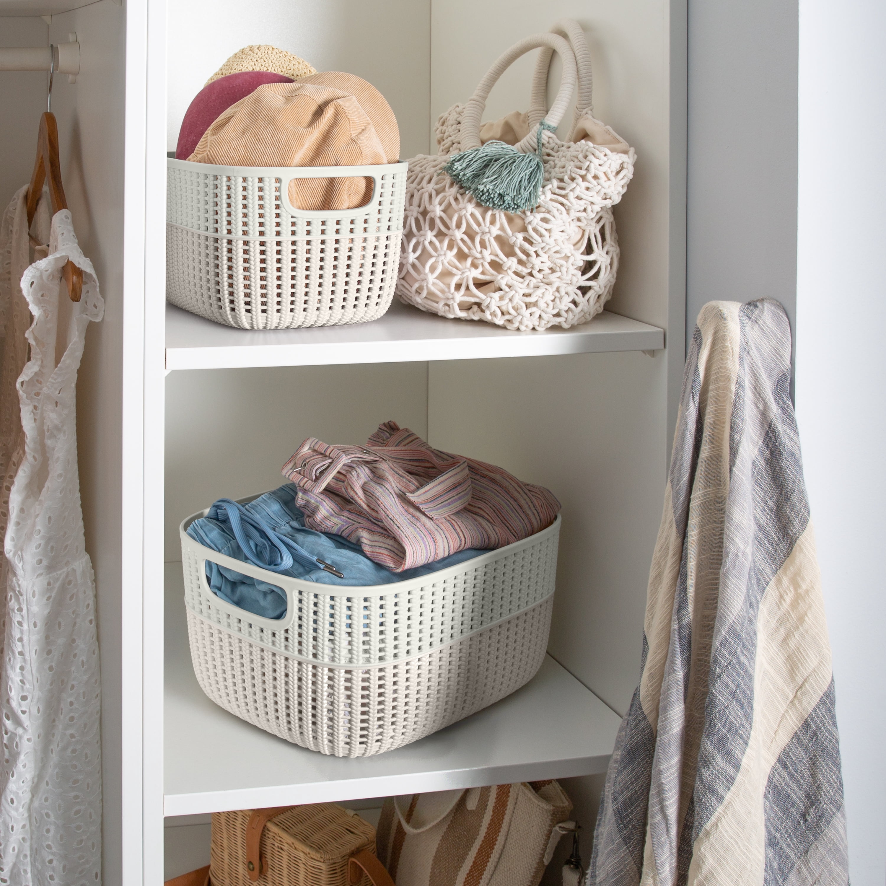 Simplify 2 Pack 2-Tone Decorative Large Plastic Storage Basket in Ivory