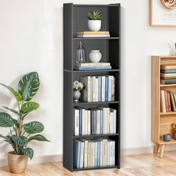 YANG2 5-Tier Reversible Open Shelf Bookcase - Black Bookshelf Storage for Home, Living Room, Bedroom, Office - Adjustable Reversible Design, Sturdy Wood Construction, Versatile Display & Organizing