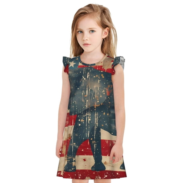 Fotbe Vintage American Flag Elephant Vestido de Dormir para Niñas de 3 a 10 Años, Mangas Cortas, Estilo Princesa, Pijama Camisón con Mangas Voladas-X-Large