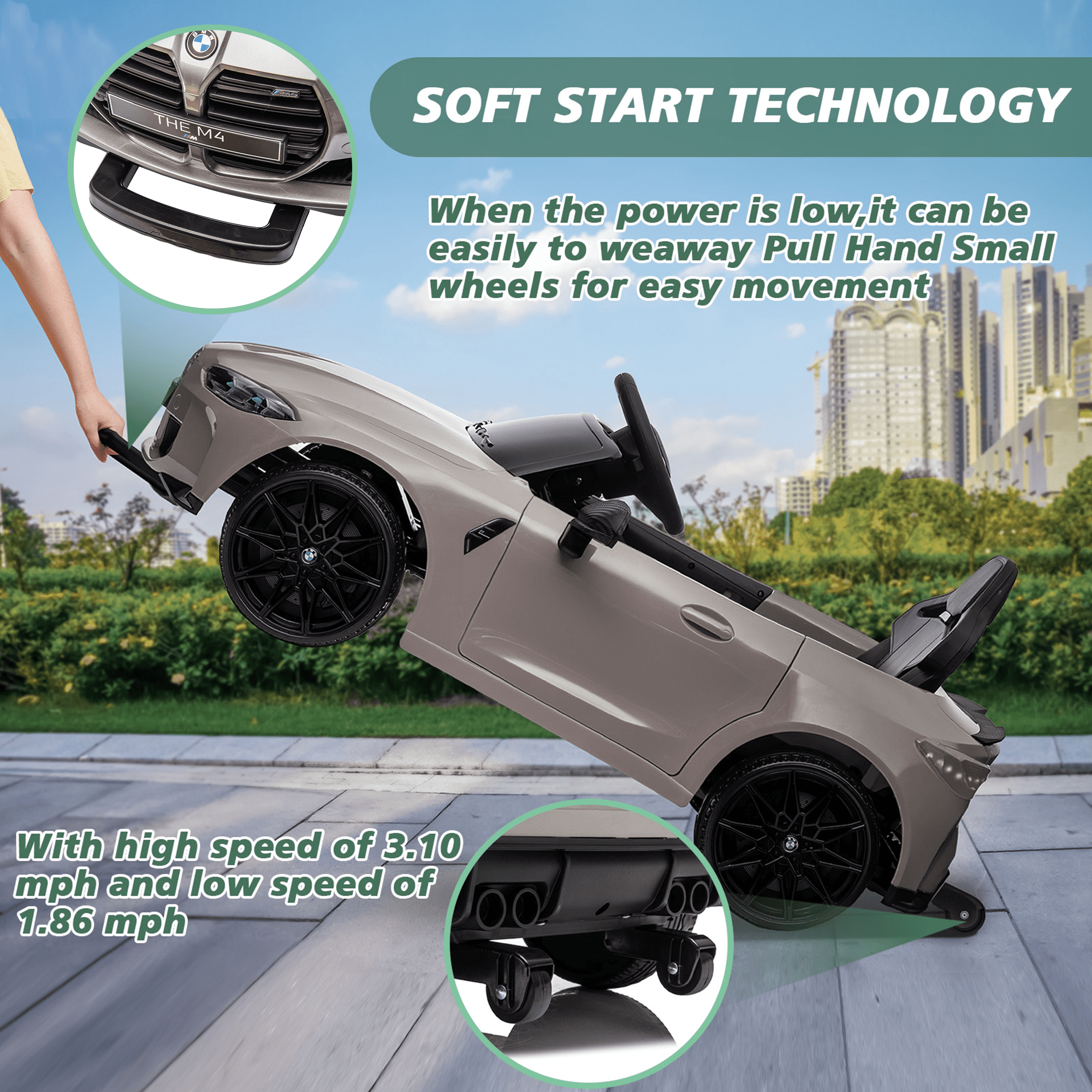 BMW M4 24V Kids Ride On Toy Car with Remote Control, Toddler Electric Car with 3 Speeds,USB,MP3,Bluetooth,LED Lights,Battry Powered Ride On Car For Kids Aged 2+,Silver