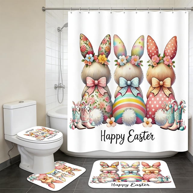 Weloille Easter Rabbit Theme 4-Piece Bathroom Set, Polyester Waterproof Shower Curtain Non-Slip Bath Mat, Water Absorbent Decor Set for Bathroom, Guest Room Home Holiday Decor