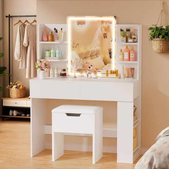 Homall Vanity Desk with 3 Colors LED Lighted Mirror, Makeup Vanity with Storage Shelves and Drawers, Vanity Table Dressing Table for Bedroom, White