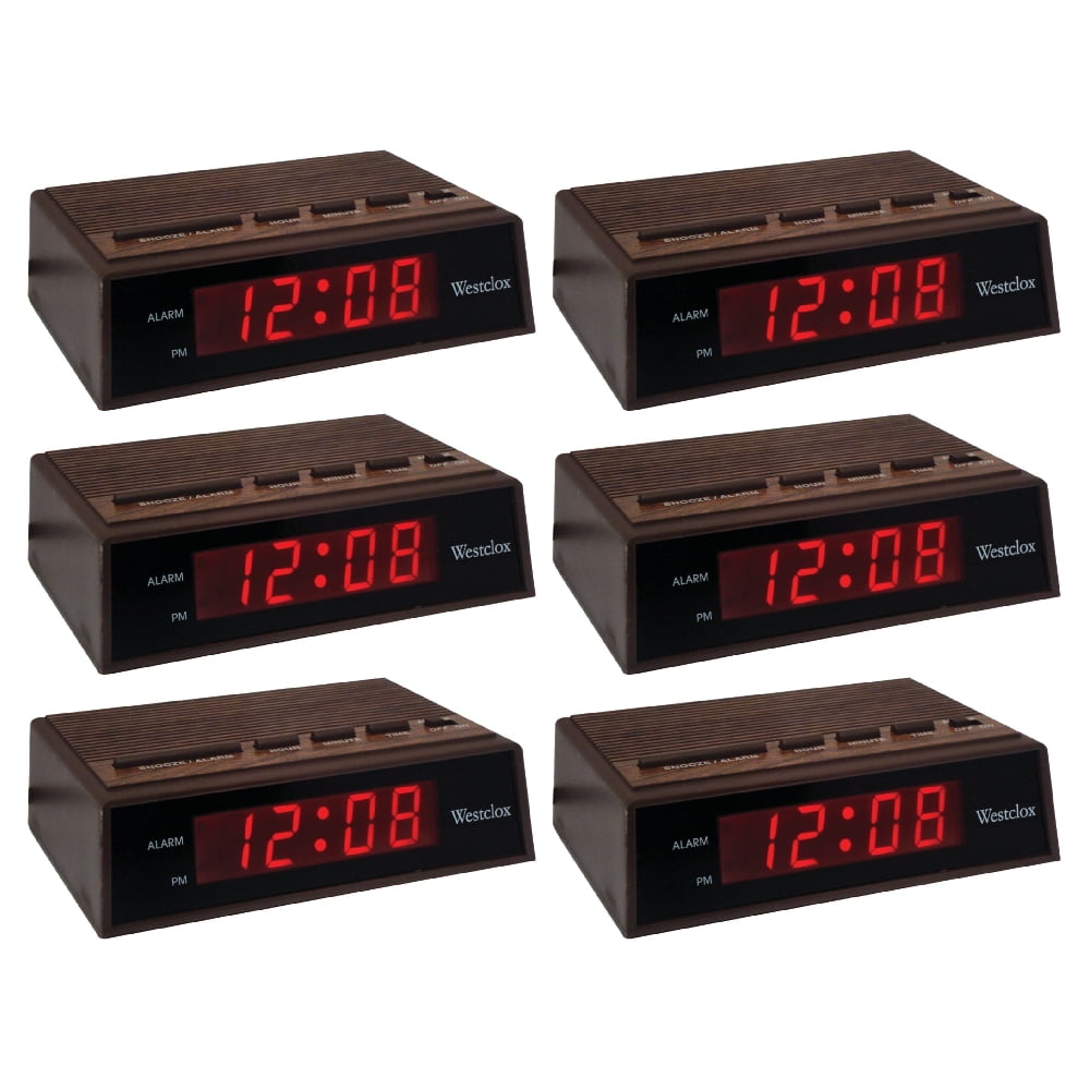 Westclox LED Digital Alarm Clock Wood Grain Finish Black, 6 Pack