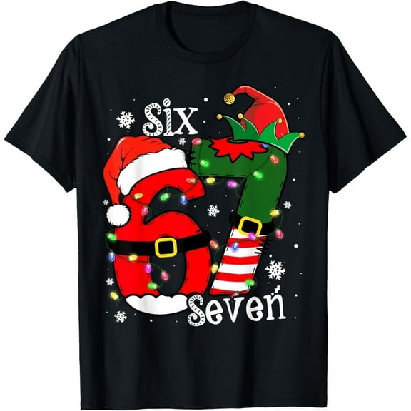 Funny Six Seven 67 Meme 6 7 Elf Santa Christmas Pajamas Kids T-Shirt