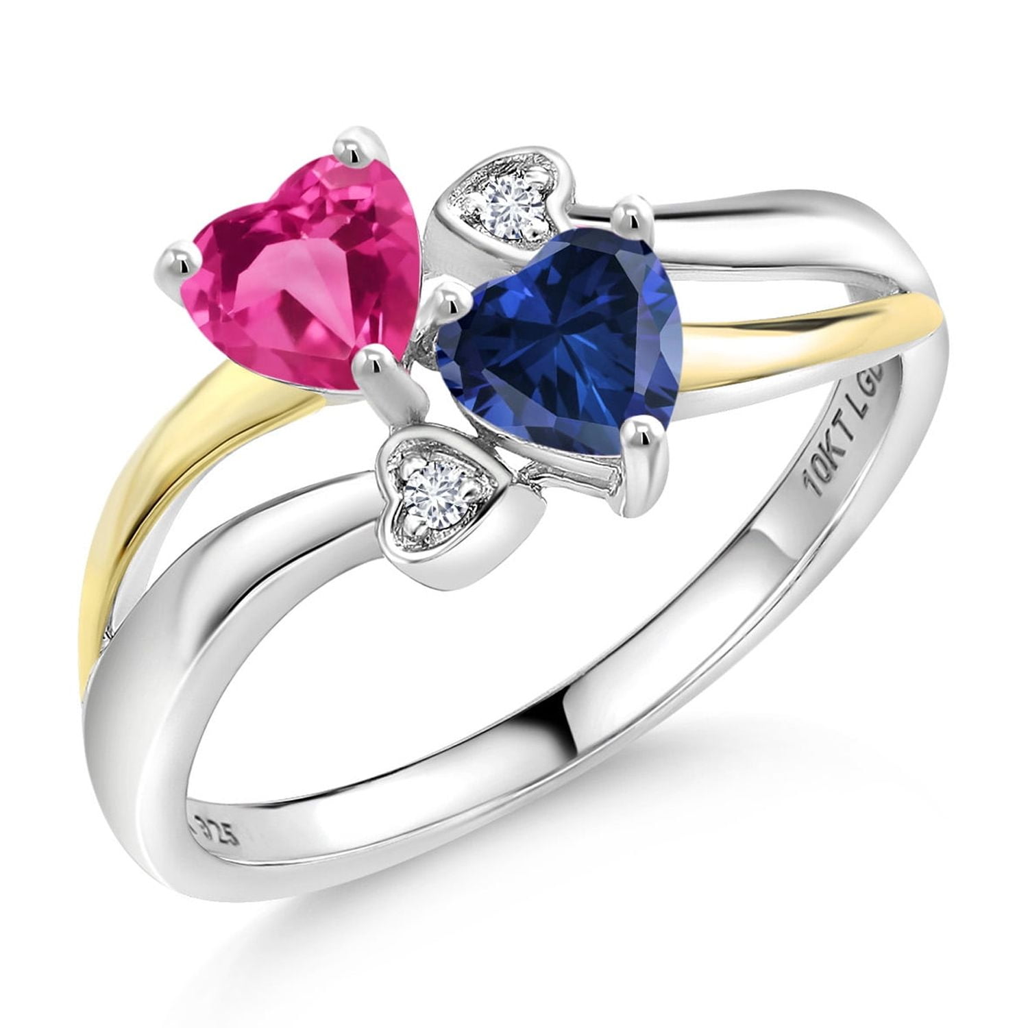 Gem Stone King 925 Silver and 10K Yellow Gold Pink Created Sapphire and Blue Created Sapphire and Lab Grown Diamond Ring for Women (1.12 Cttw, Heart Shape 5MM, Size 9)