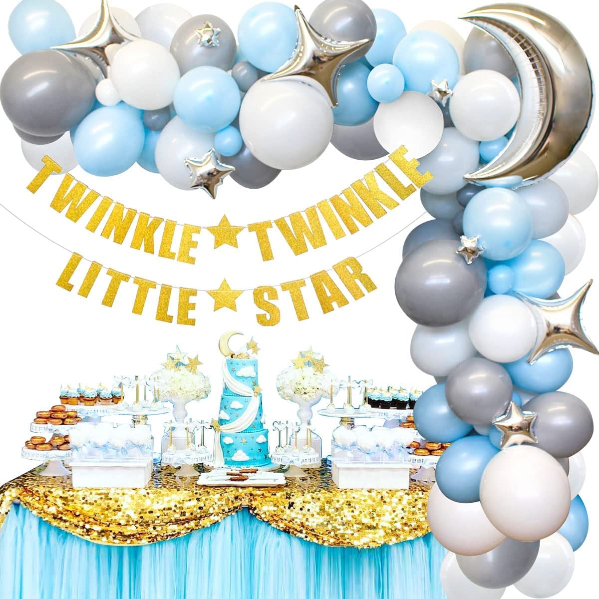 Gold Confetti Balloons for Boy,Baby Shower Party Star Foil Balloons 2nd Birthday Decorations for Boys Blue Happy Birthday Banner Baby Boy 2nd Birthday Party Supplies Number 2 Helium Balloon 