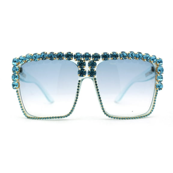 Womens Oversize Rhinestone Flat Top Showy Diva Sunglasses Blue