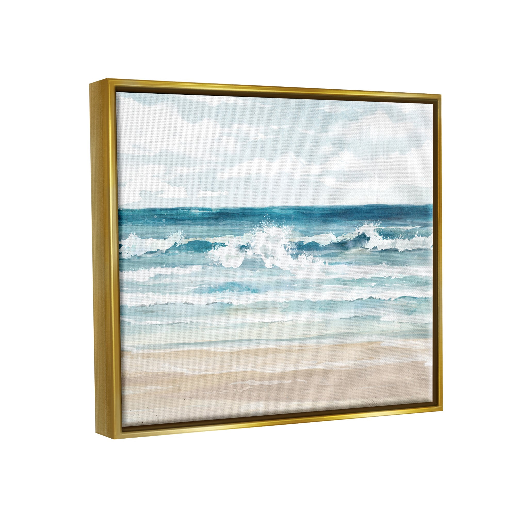 Stupell Industries On The Shore Beach Waves Landscape Painting Gold Floater Framed Canvas Art Print Wall Art, 31 x 25