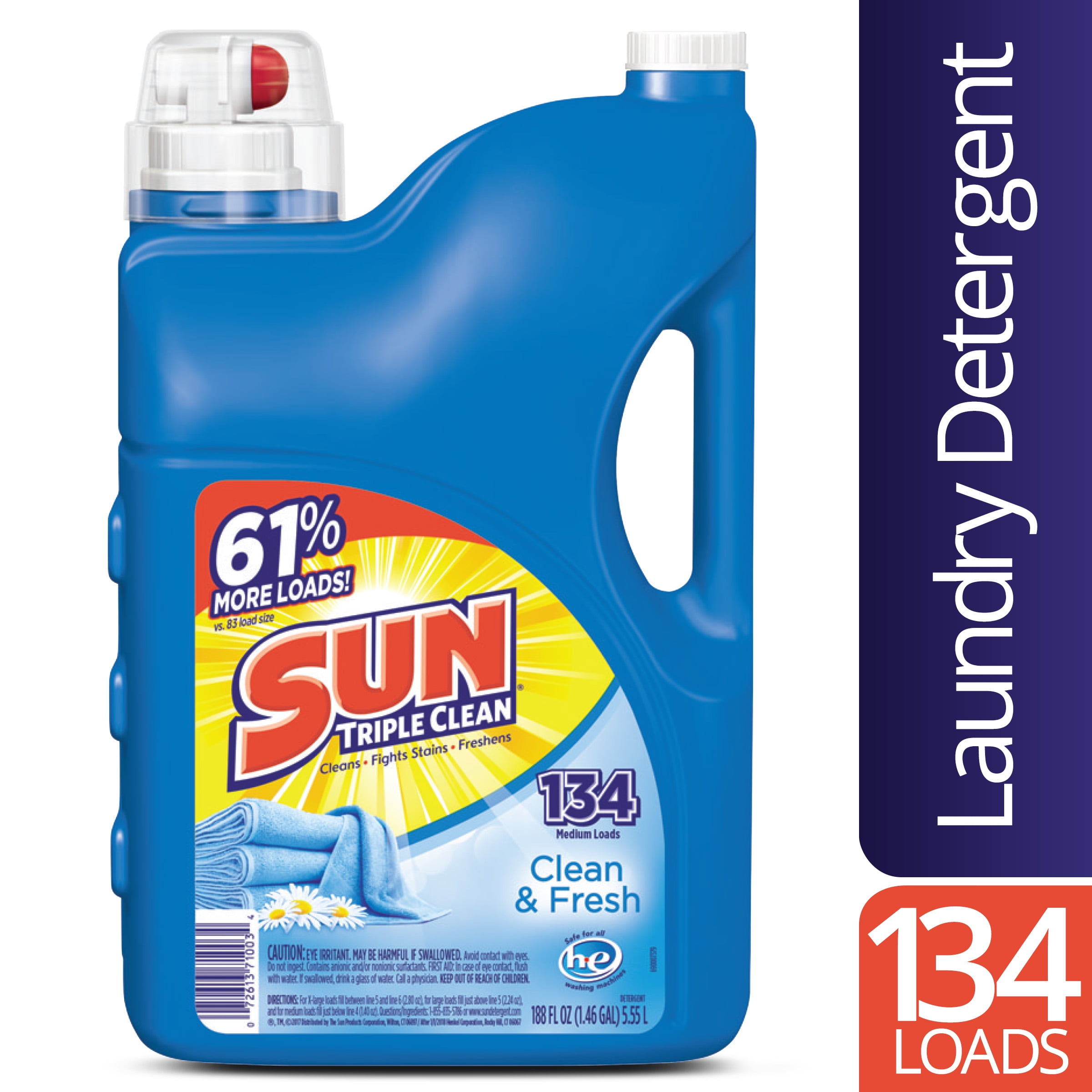 Sun Liquid Laundry Detergent, Clean & Fresh, 188 Ounce, 134 Loads