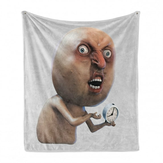 Humor Soft Flannel Fleece Throw Blanket, Why You No Wake Me up Internet Meme with Complaining Oversleep Face and Watch Image Print, Cozy Plush for Indoor and Outdoor Use, 50" x 70", Tan, by Ambesonne