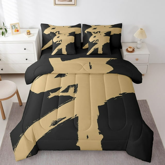 Erosebridal Black Gold Lines Bedding Sets Twin Size,Geometric Geometry Comforter Sets with Sheets,Modern Abstract Art Bed in a Bag Twin Size,Breathable Room Decorative Reversible,7-Piece