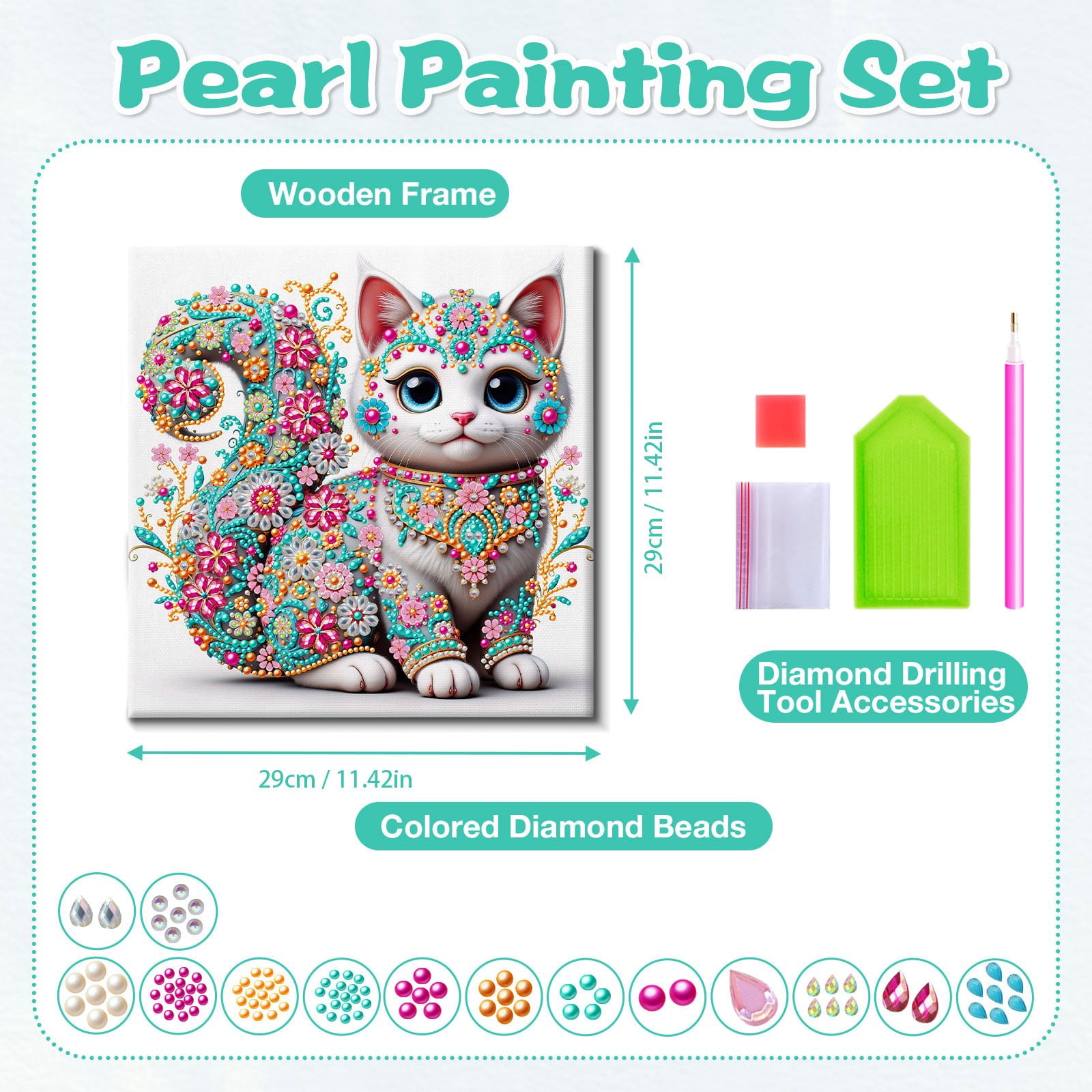 FLOPESN DIY Pearl Painting Kit with Wood Frame, 11.42x11.42 Inch Home Wall Art Decor, Mindful Adult Craft for Stress Relief and Relaxation-Cat-1