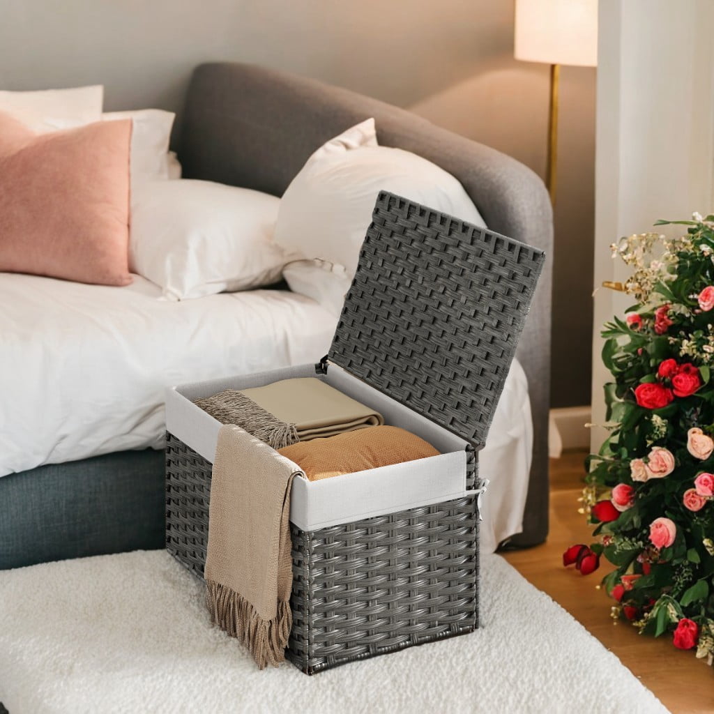 Gray Storage Basket with Lid, 27.7 Gallon (105L) Woven Storage Bin. Features handles, a removable liner, and a metal frame.