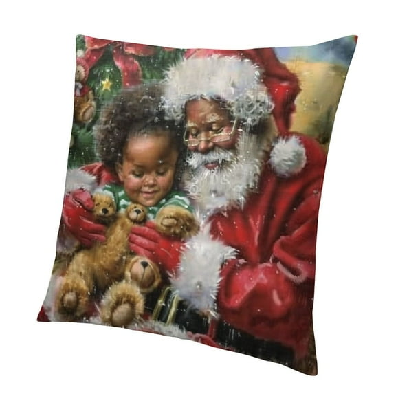 BANET Black Santas Throw Pillow Covers African American Santa Claus and Cushion Couch Cover for Living Room, Christmas Cat Pillowcase Short Plush 12x12in