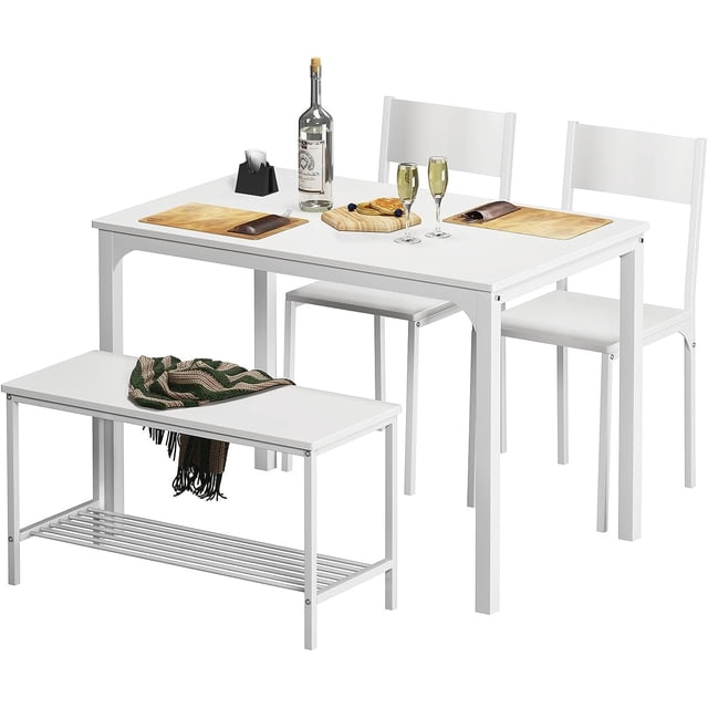 SogesPower Dining Table Set for 4, Kitchen Table with 2 Chairs and 1 bench, Use for Living Room Dining Room Kitchen, White