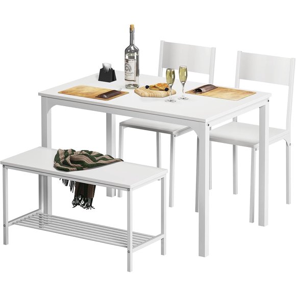 SogesPower Dining Table Set for 4, Kitchen Table with 2 Chairs and 1 bench, Use for Living Room Dining Room Kitchen, White