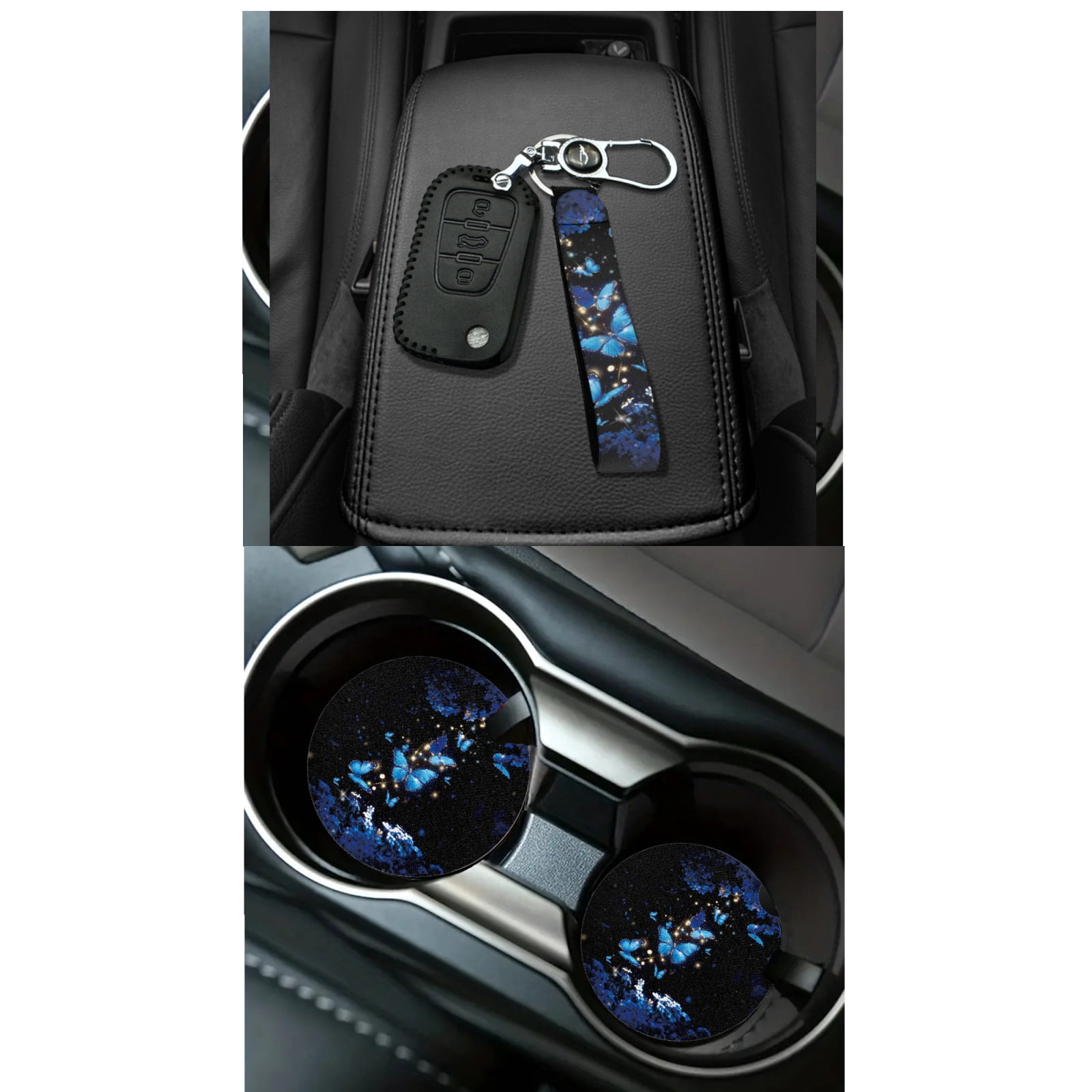 Jeiento Butterfly Car Front Back Seat Covers with Steering Wheel Cover Seat Belt Pads Cup Coasters Garbage Cans Rear View Mirror Cover Keychain Blue Air Vent Storage Holder Set of 15