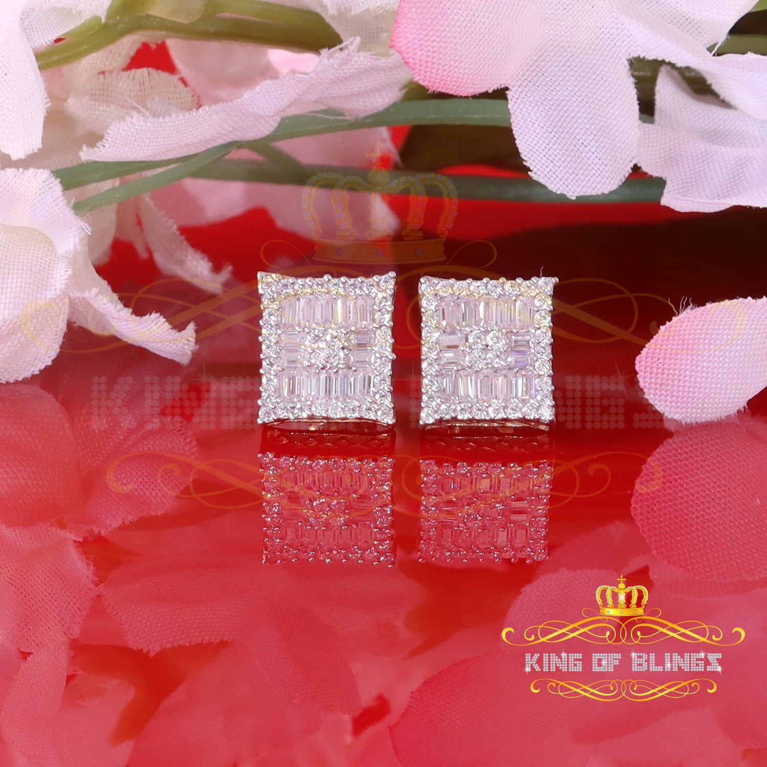 King of Bling's Men's/Women's 925 Silver Yellow 1.00ct VVS 'D' Moissanite Baguette Stud Earrings