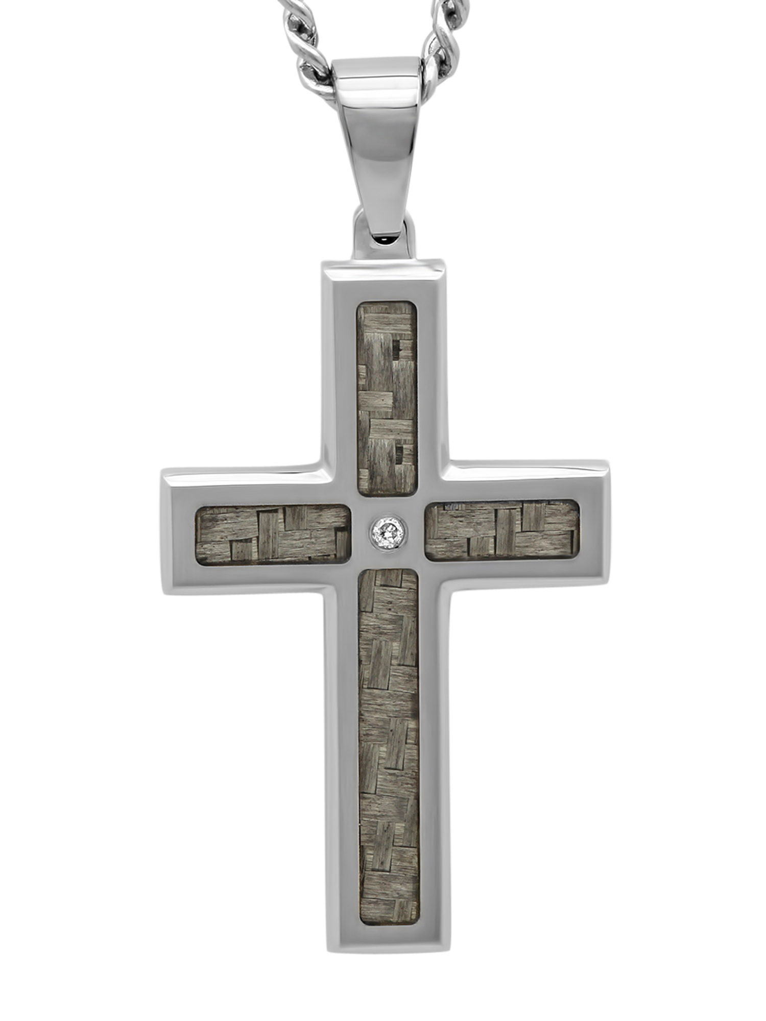 Men's Stainless Steel Gray Carbon Fiber Diamond Accent Cross with 24" Curb Chain Mens Pendant by C&C JEWELRY MFG INC
