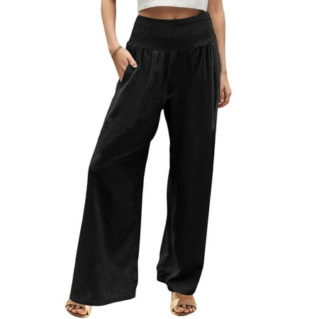 50% off Clearance Women s Casual Pants Linen Pants Women Summer Wide Leg Pants Drawstring Elastic Waist Pants High Waisted Pants Casual Beach Trousers Women Blendingpants