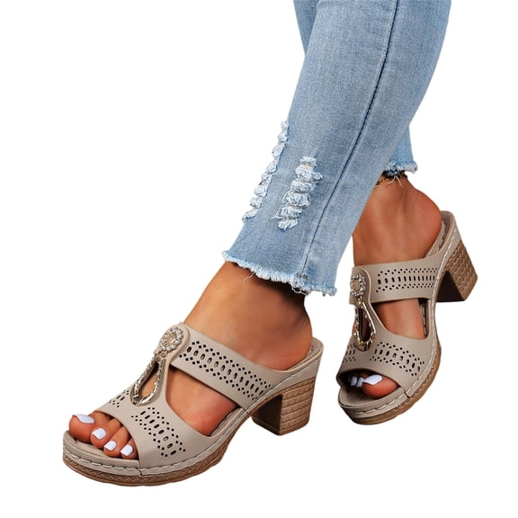 Domuza Block Heel Sandals for Women 2026 Summer Open Toe Chunky Platform Wedges Non-Slip Casual Hollow Out Lightweight Shoes Khaki 5.5(EU-36)