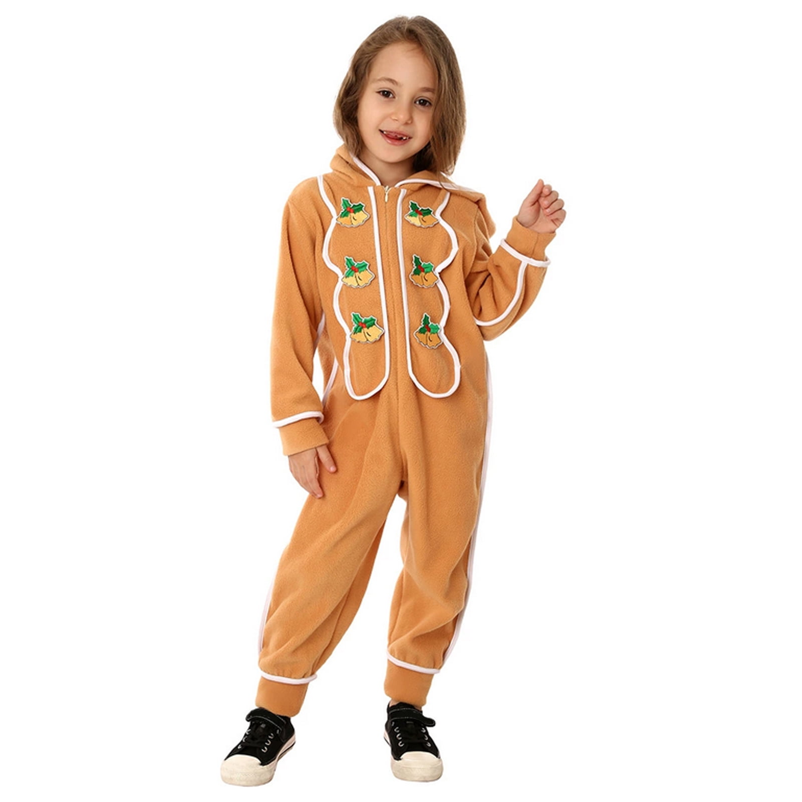 Farfi Christmas Onesie Costume for Kids Gingerbread Man/Santa/Green Elf Cosplay Outfit Unisex Plush Bodysuit for Halloween Christmas Carnival Festival(Green, L)