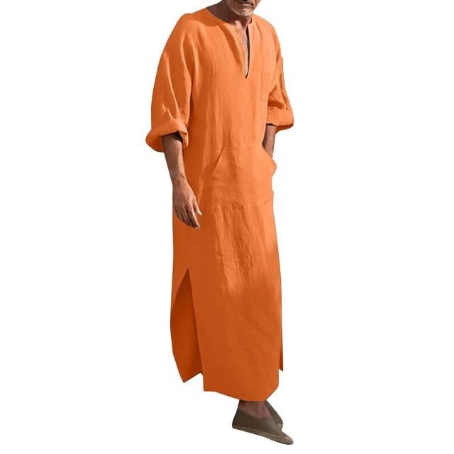 Thobe pour Hommes Kaftan Décontracté Robe à Manches Longues pour Hommes Thobe Arabe avec Poches Vêtements Musulmans pour Hommes Thobe Orange pour Hommes