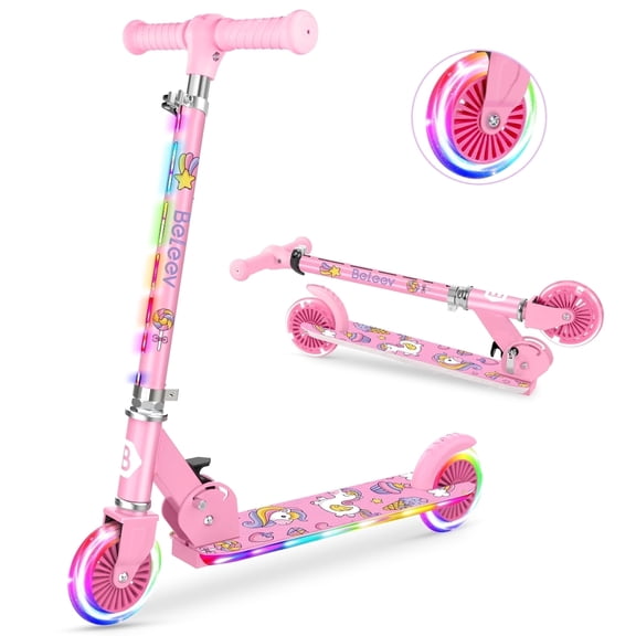 BELEEV V3 Scooter for Kids with Light-Up Wheels, 2 Wheel Folding Scooter for Children, 4 Adjustable Height, Lightweight Kick Scooter with Handy Kickstand for Children Ages 3-12, Purple