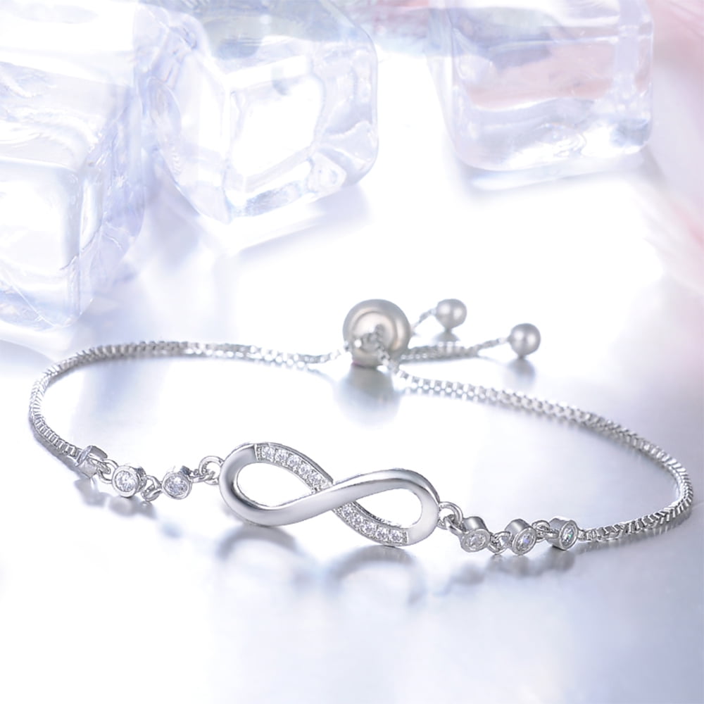Womens Fashion 925 Sterling Silver Zircon Love Heart Infinity Charm Bracelet 