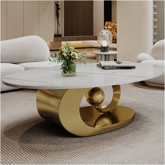 JERFIT Modern Gold Coffee Table with Sculptural Base, Faux Marble Top, Stainless Steel Frame for Living Room