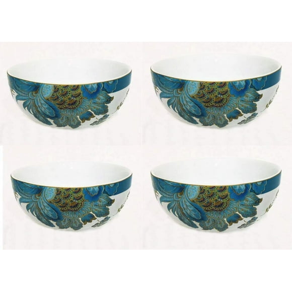 222 Fifth Eliza Teal Paisley Cereal Bowls, Set of 4