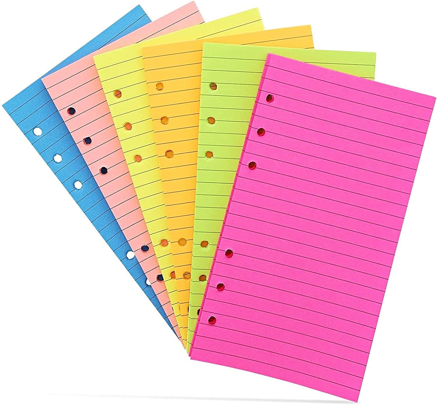 6 Hole Punch Lined Filler Paper For A6 Binders (neon Colors, 3.57 X 6.8 