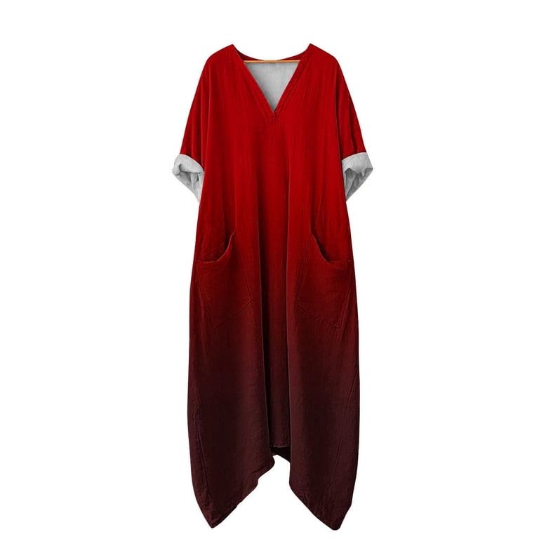 Antinious Women Sundresses 3/4 Sleeve V-Neck Gradient Pocket Loose Mid ...
