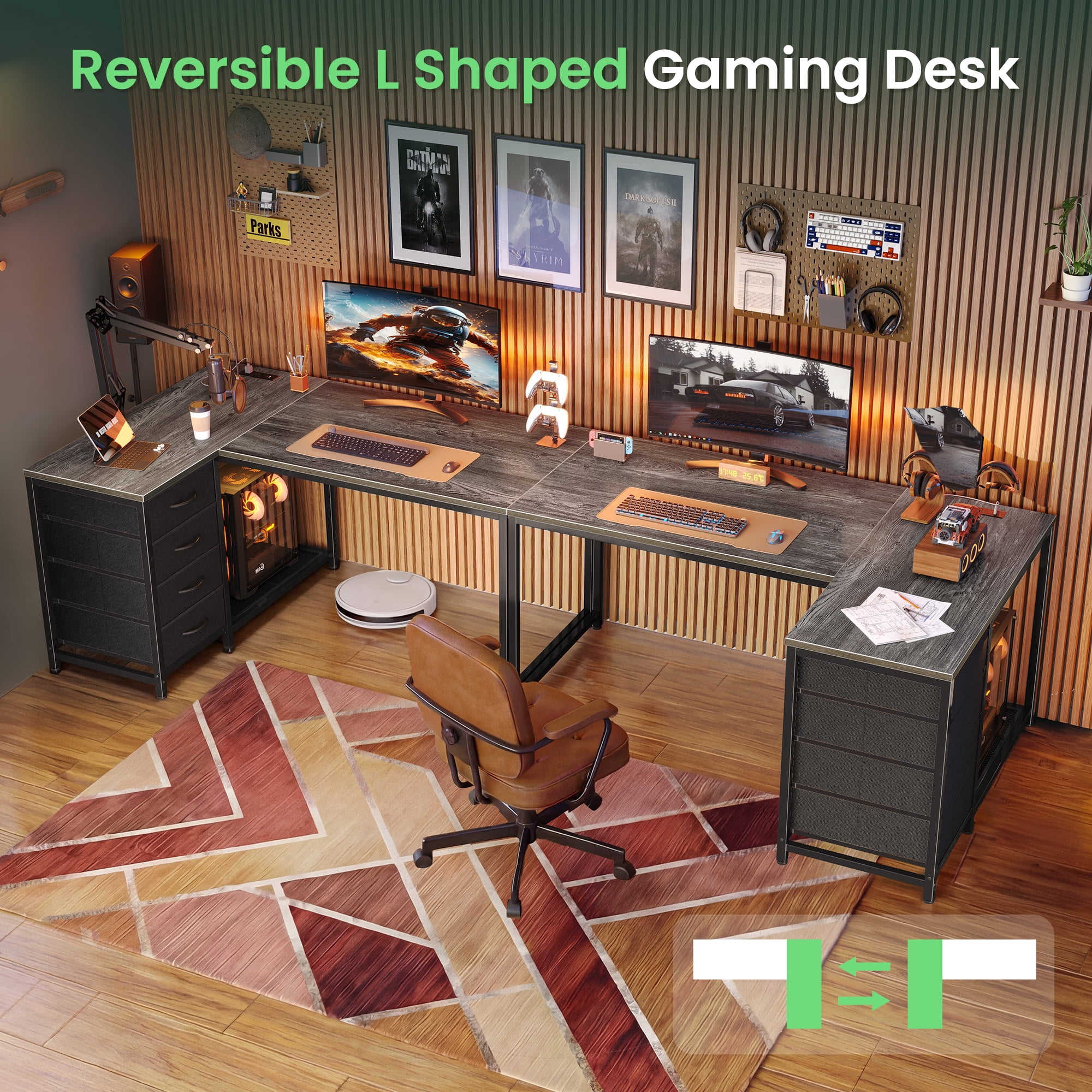 Amadwell 43 Inch L Shaped Desk with Power Outlets & Drawers, Reversible L-Shape Computer Desk