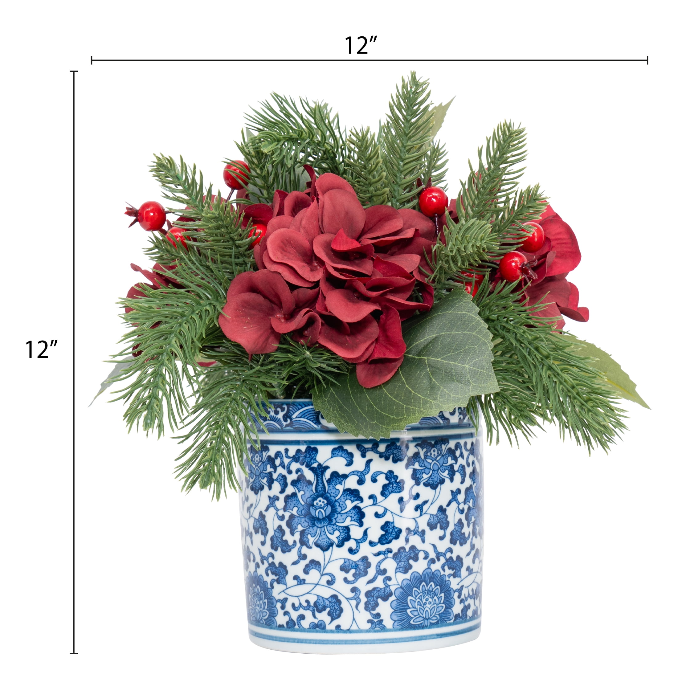 My Texas House Hydrangea Christmas Floral Arrangement in Ceramic Pot, Multicolor, 11"
