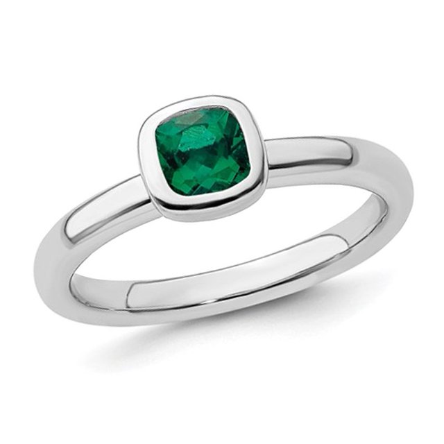 1/2 Carat (ctw) Cushion-Cut Lab-Created Emerald Ring in Sterling Silver